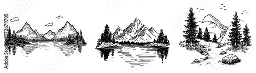 Mountain landscapes with pine trees and calm lakes in hand drawn doodle style