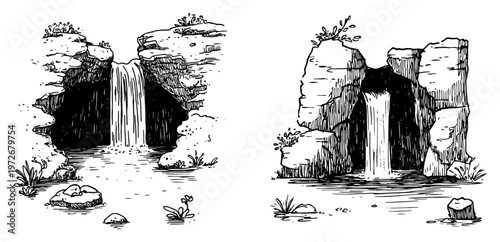 Waterfalls flowing from rocky cliffs into a pool in hand drawn sketch style