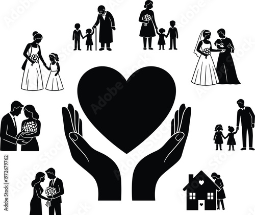Family silhouettes, love and care, generational connection, marriage illustration, heart protection, relationship concept, modern design, minimal art, symbolic composition, unity