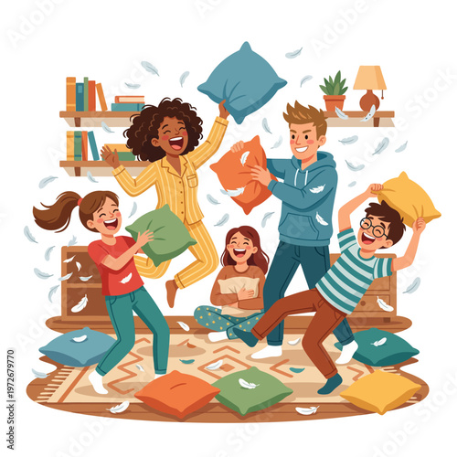 A lively illustration of happy children having a fun pillow fight in a cozy bedroom during a pajama party with soft pillows and feathers filling the air.