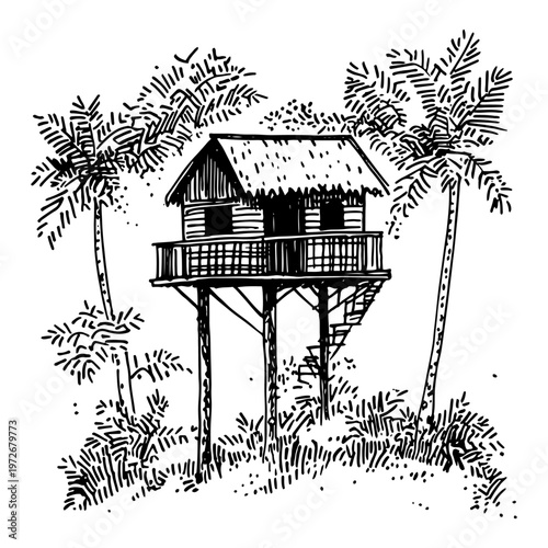 Tropical hut on stilts surrounded by palm trees in hand drawn sketch style