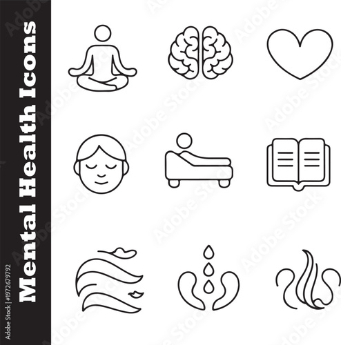 mental, health, wellbeing, therapy, mindfulness, meditation, brain, relaxation, stress, relief, emotional, psychology, counseling, icon, icons, line, art, outline, vector, illustration, healthcare, se