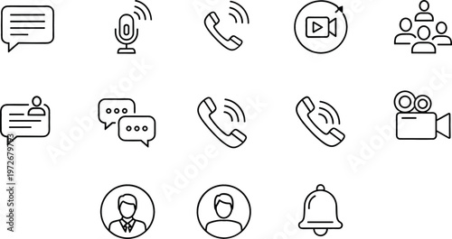 Communication Icons Set Featuring Speech Bubbles, Microphone, Phone, Video Call, Conference, and Notification Alerts for Messaging and Audio-Visual Tools
