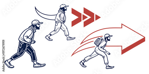 A majestic lion running with a red arrow symbol overlay