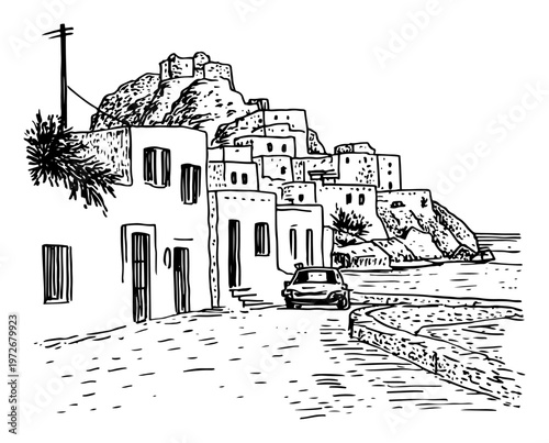 Greek village street with traditional white houses and hilltop ruins in hand drawn sketch style