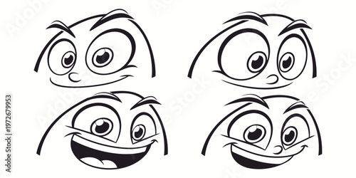 Four cartoon faces with different expressions and hairstyles