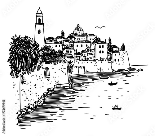 Coastal mediterranean town with sea view and boats in hand drawn sketch style