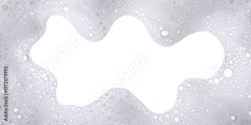 A close up view of white soap bubbles forming a frame around a clear central empty white space