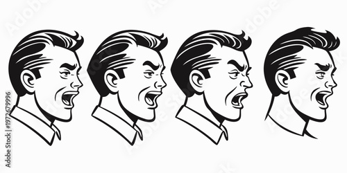 Four detailed line art portraits of young men in profile view