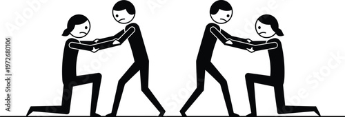 Black flat vector illustration showing stick figures in a self defense training scenario with a man and woman practicing grappling and protective maneuvers.