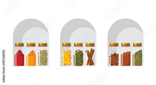 Meticulously organized glass spice jars with elegant gold lids sit inside three minimalist grey arched wall niches against a clean and bright white background.