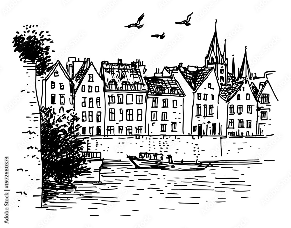 Naklejka premium Waterfront houses and boat on river in hand drawn sketch style