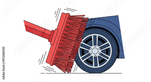 A large red industrial scrub brush vigorously cleans the tire and silver rim of a dark blue car wheel against a clean and bright white background.