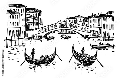 Venice canal with gondolas and Rialto Bridge in hand drawn doodle style