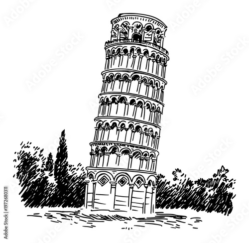 Foto Leaning Tower of Pisa landmark with trees in hand drawn doodle style
