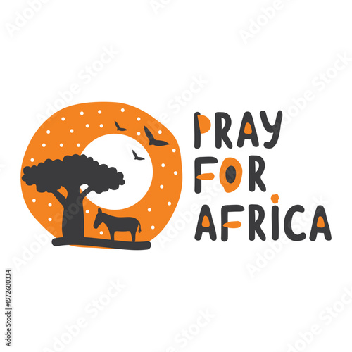 Pray for Africa Minimalist Illustration with Baobab Tree, Animal Silhouette and Sunset