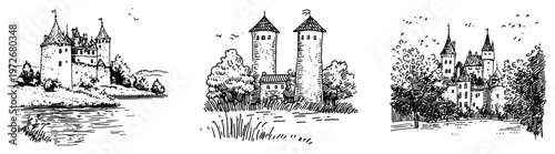 Medieval castles and fortresses collection in hand drawn sketch style