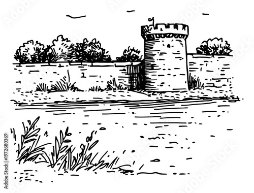 Stone tower and medieval wall on riverbank in hand drawn sketch style