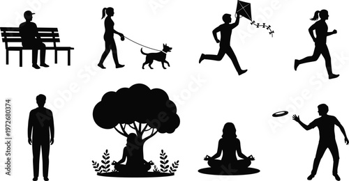 Outdoor silhouettes, park activities, recreation lifestyle, walking dog, flying kite, jogging exercise, meditation posture, frisbee play, relaxation design, minimal art
