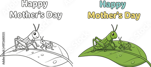 Mother's Day vector illustration features a cartoon grasshopper parent and child on a green leaf