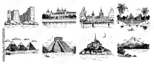 World heritage sites and ancient monuments collection including pyramids and castles in sketch style
