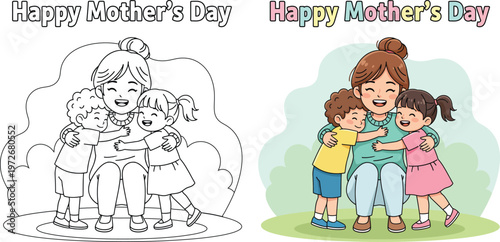 Motherhood is beautifully celebrated in this vector showing a happy mom hugging her children