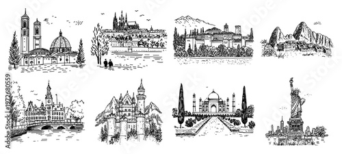 Architectural wonders and city views featuring famous landmarks and historical buildings in sketch style