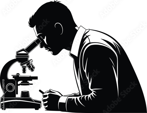 Scientist silhouette, microscope research, scientific discovery, laboratory illustration, biology study, chemistry experiment, medical science, modern design, knowledge pursuit, minimal art