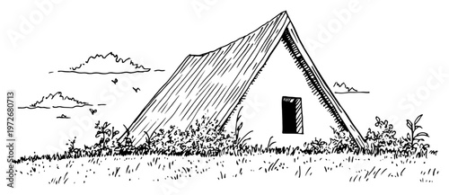 Small triangular A-frame cabin in a meadow with clouds in hand drawn doodle style
