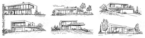Luxury villa architectural concepts and modern home designs in hand drawn doodle style