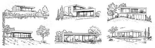Modern minimalist house architecture set with various building designs in hand drawn sketch style