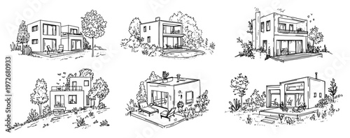 Modern minimalist houses collection with flat roofs and terraces in hand drawn sketch style