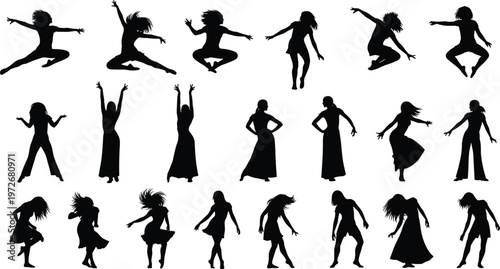 Dancing silhouettes, expressive stances, jumping motion, human energy, creative lifestyle, fashion diversity, modern design, individuality concept, minimal art, freedom illustration