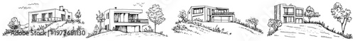 Luxury modern villas on grassy hills with contemporary architectural design in hand drawn sketch style