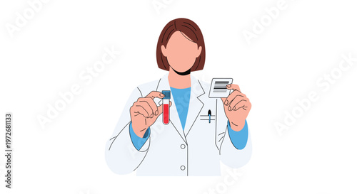 A professional female doctor wearing a pristine white lab coat holds a glass test tube containing a red blood sample against a clean white background.