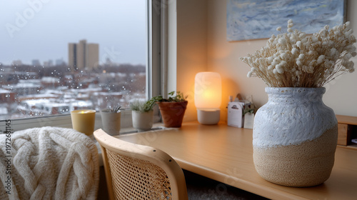 Cozy Workspace by Window with Snowy City View