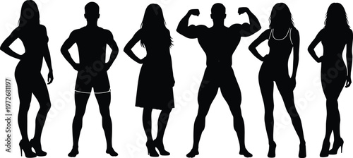 Human silhouettes, diverse body types, fitness poses, casual attire, muscular figure, individuality, posture variety, lifestyle diversity, modern design, minimal illustration