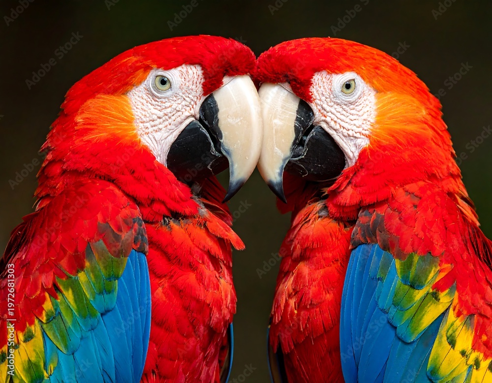 Fototapeta premium Two vibrant scarlet macaws face each other, their beaks nearly touching, against dark background