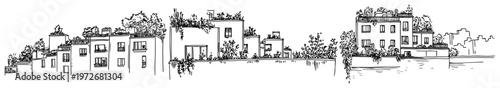 Contemporary townhouses with rooftop gardens and lush vegetation in sketch style