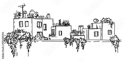 Modern urban buildings with rooftop gardens and hanging plants in ink sketch style