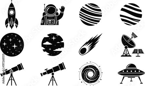 Collection of black flat vector space icons featuring a rocket, astronaut, planets, comet, satellite, telescope, galaxy spiral, and UFO for astronomical science designs.