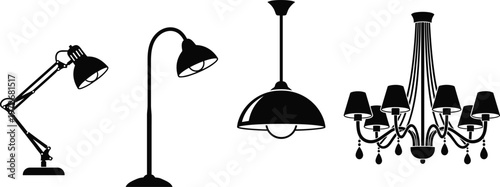 Black flat vector silhouette set of home lighting fixtures including a desk lamp, floor lamp, ceiling pendant light, and a classic decorative chandelier.