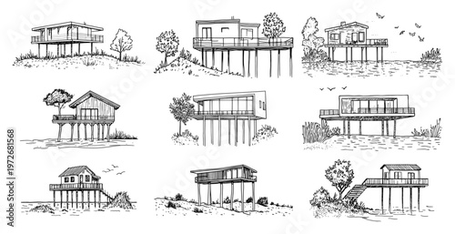 Modern stilt houses and coastal cabins collection in hand drawn doodle style