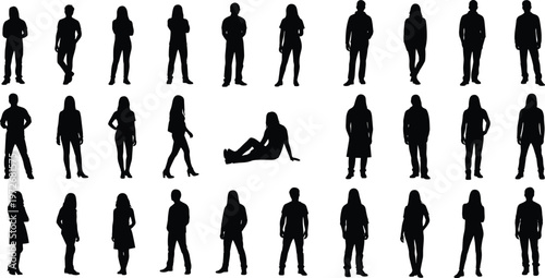 Human silhouettes, diverse postures, casual and formal stances, body language illustration, lifestyle diversity, modern design, fashion concept, minimal art, individuality
