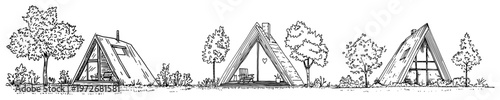 Modern a-frame cabins and camping huts among trees in hand drawn doodle style