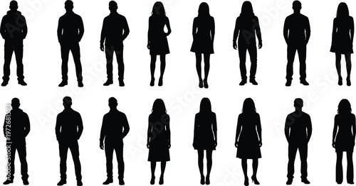Human silhouettes, diverse figures, standing poses, casual and formal attire, lifestyle diversity, posture illustration, modern design, fashion concept, minimal art, individuality