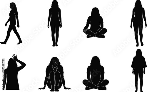 Human silhouettes, diverse poses, walking and sitting, expressive gestures, casual lifestyle, body language, modern design, fashion concept, minimal art, individuality