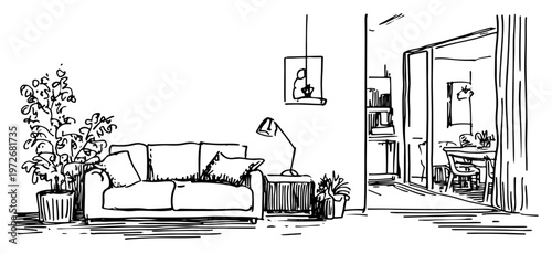 Living room interior with sofa floor lamp and potted plant in hand drawn sketch style