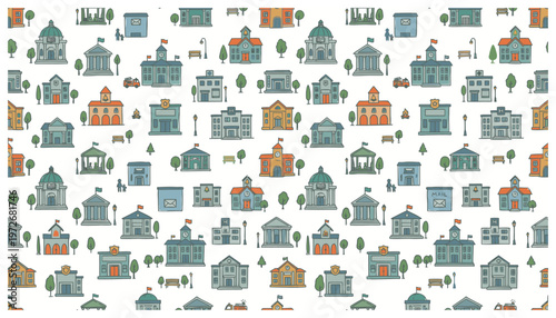 Colorful illustration of various houses and buildings.