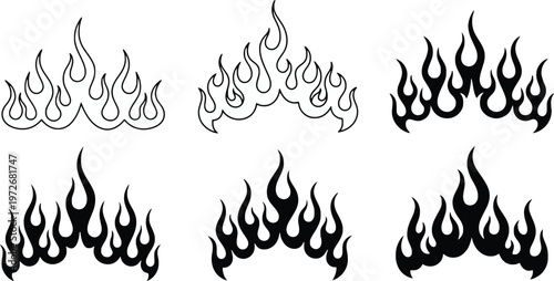 Flame Graphics Set Tribal Fire Designs Tribal Flames Outline and Solid Black Keywords: flame, fire, tribal, design, graphic, illustration, outline